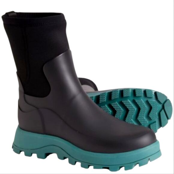Platform Ankle Rain Boots Black Teal Lug Sole Waterproof Comfortable - Picture 2 of 11